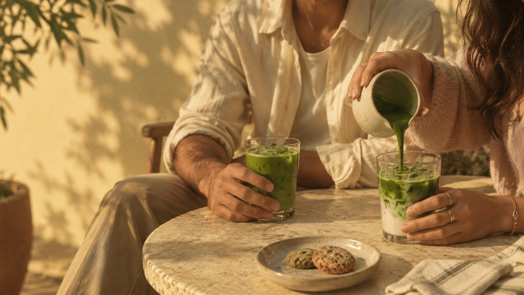 Un matcha latte servi en terrasse, deux verres partagés